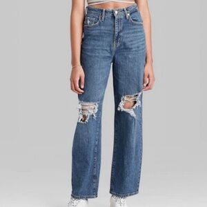 Blue Distressed Wide Leg Jeans